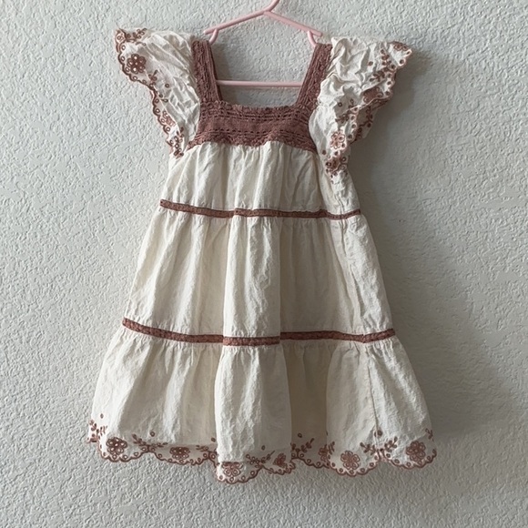 Zara Other - Zara Girls' Cream and Tan Embroidered Dress Size 3T